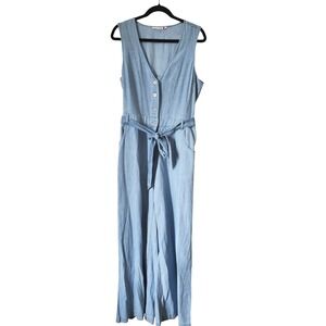 Given Kale Light Wash Denim Sleeveless Wide Leg Jumpsuit Belted XL 100%  Cotton